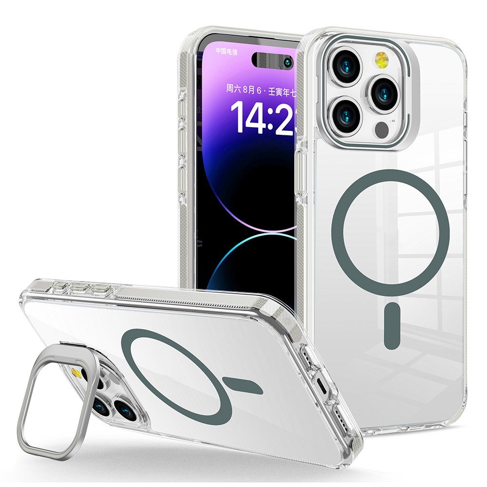 For iPhone 14 Pro Case Compatible with MagSafe TPU + PC Phone Cover with Lens Kickstand - Grey