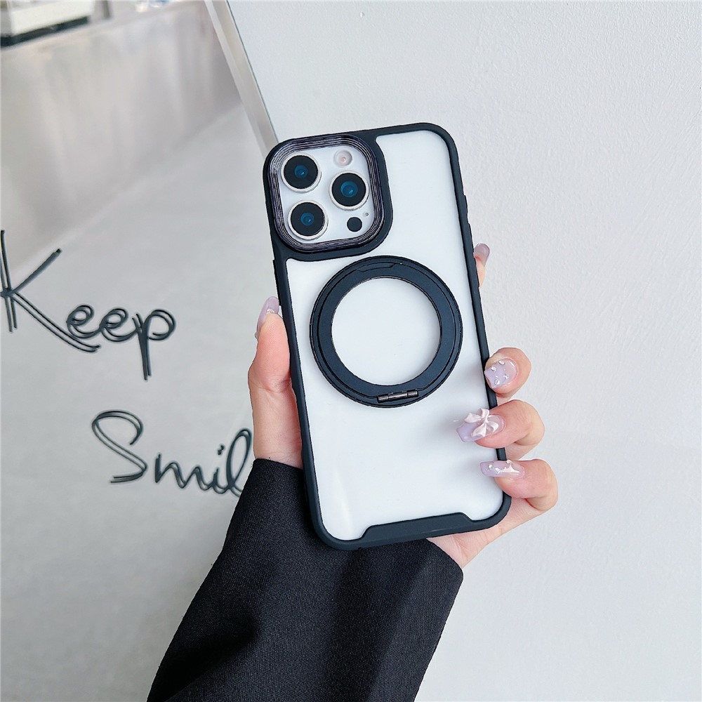 For iPhone 16 Pro Magnetic Case Kickstand Electroplating Lens Frame TPU Acrylic Phone Back Cover - Black