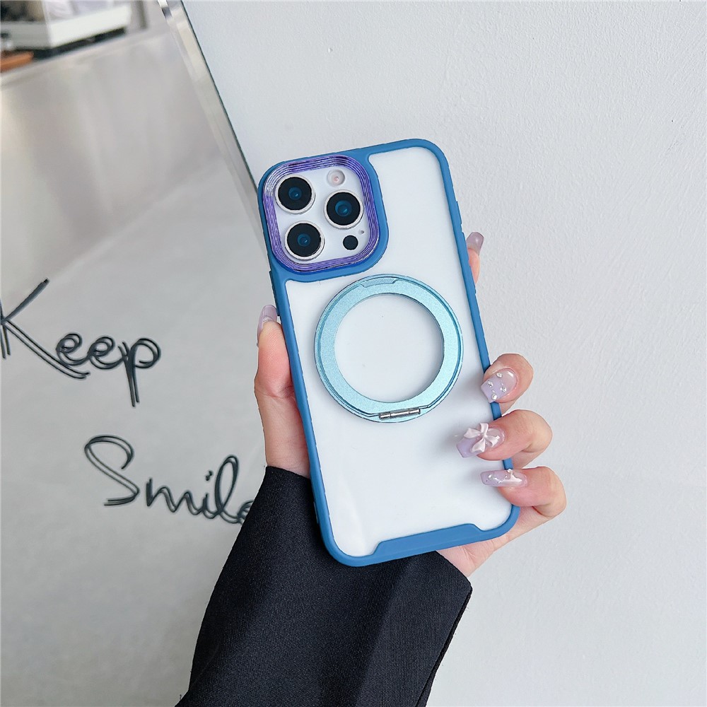 For iPhone 16 Pro Magnetic Case Kickstand Electroplating Lens Frame TPU Acrylic Phone Back Cover - Blue
