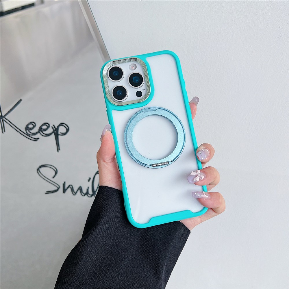 For iPhone 16 Pro Max Magnetic Case Kickstand Electroplating Lens Frame TPU Acrylic Phone Back Cover - Green