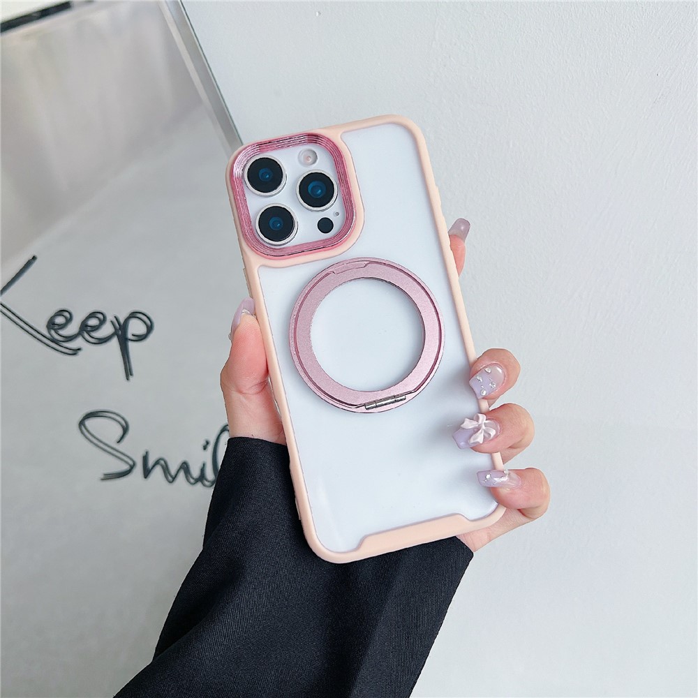For iPhone 16 Pro Max Magnetic Case Kickstand Electroplating Lens Frame TPU Acrylic Phone Back Cover - Pink