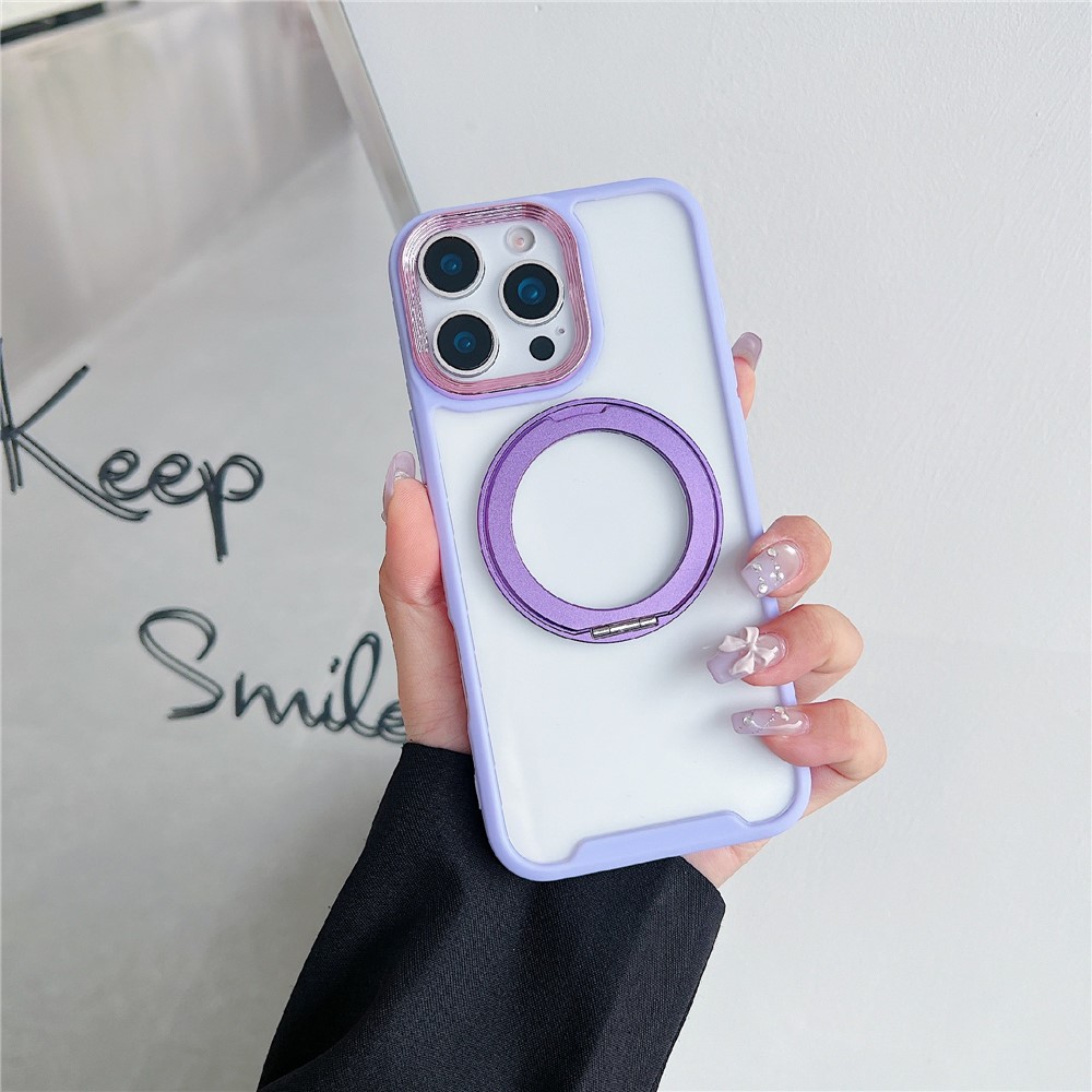 For iPhone 16 Pro Max Magnetic Case Kickstand Electroplating Lens Frame TPU Acrylic Phone Back Cover - Purple