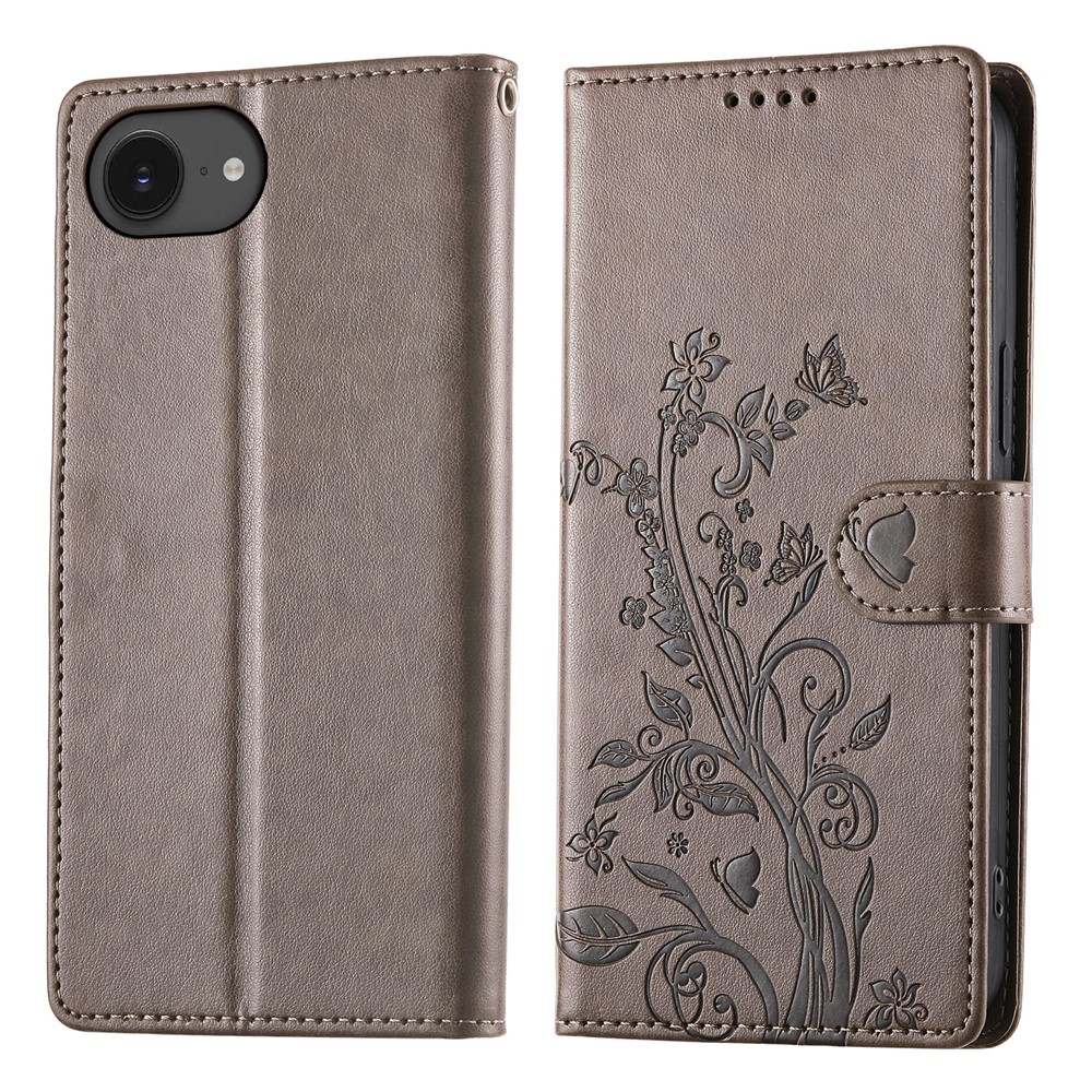 For iPhone 16e Wallet Case Butterfly Floral Imprint PU Leather Phone Cover with Wrist Strap - Grey