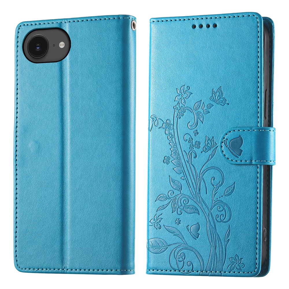 For iPhone 16e Wallet Case Butterfly Floral Imprint PU Leather Phone Cover with Wrist Strap - Blue