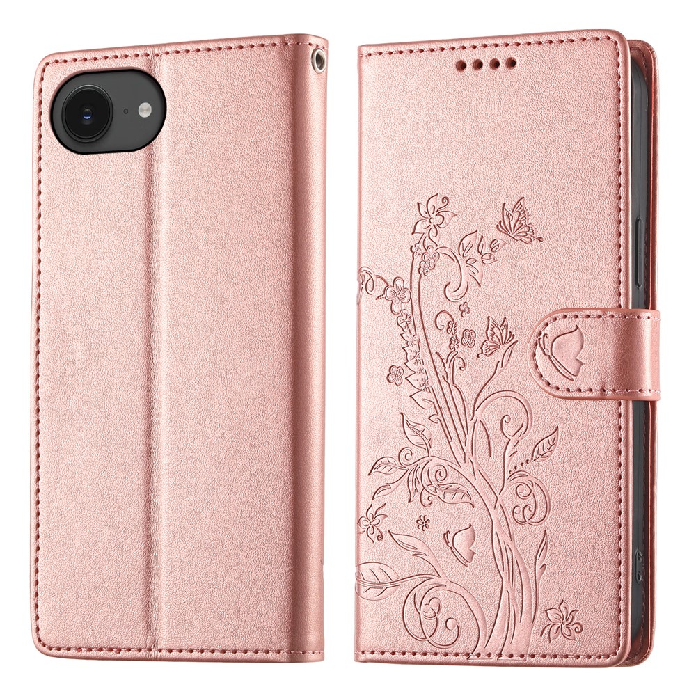 For iPhone 16e Wallet Case Butterfly Floral Imprint PU Leather Phone Cover with Wrist Strap - Rose Gold