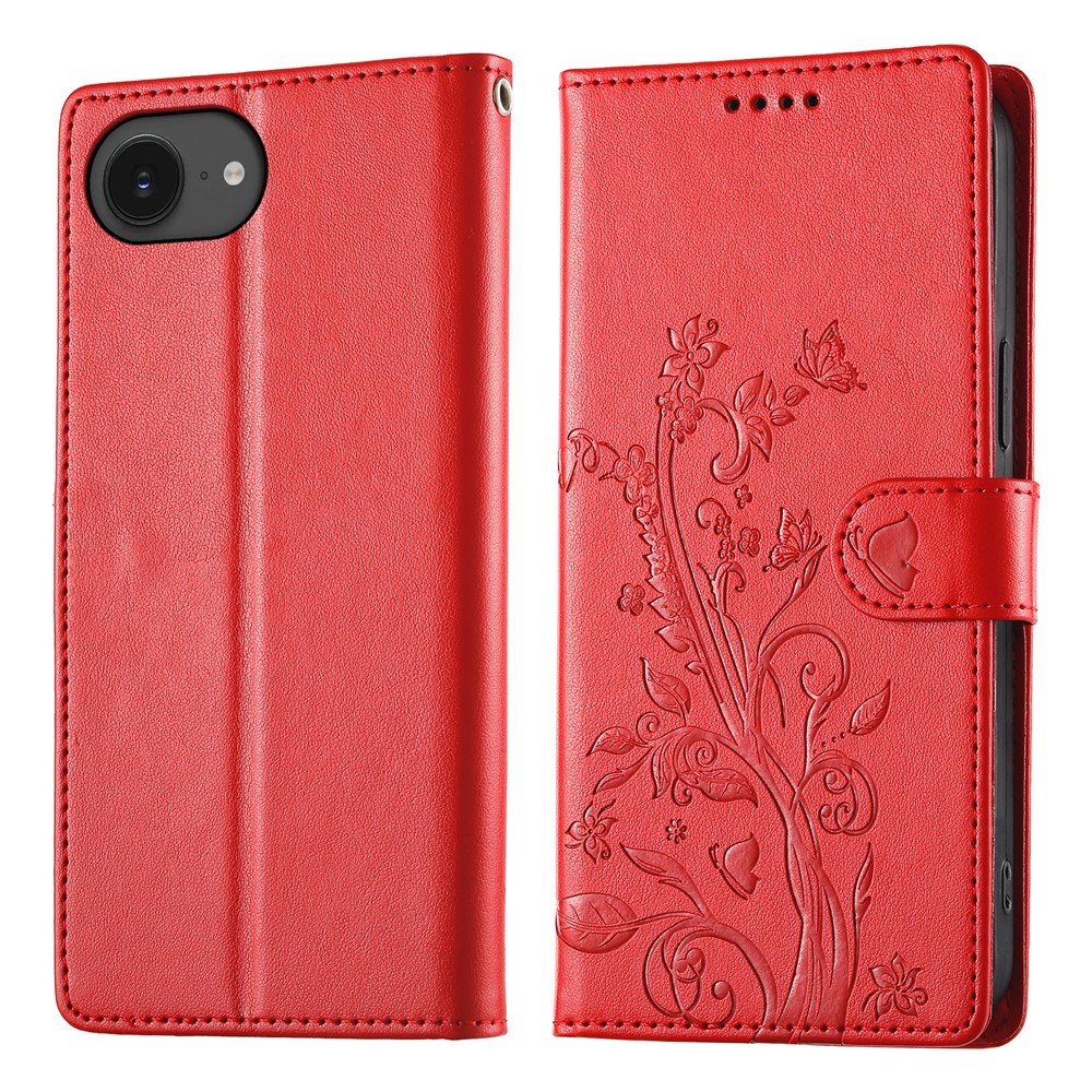 For iPhone 16e Wallet Case Butterfly Floral Imprint PU Leather Phone Cover with Wrist Strap - Red