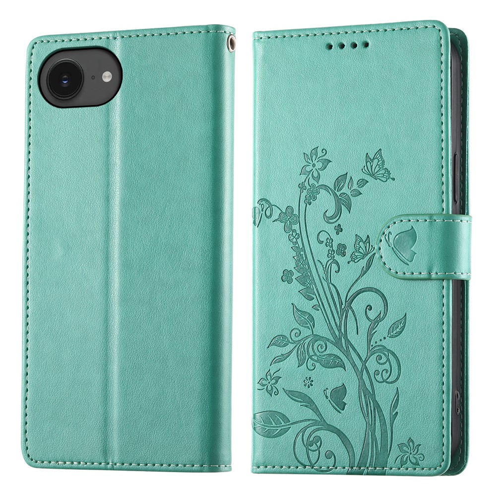 For iPhone 16e Wallet Case Butterfly Floral Imprint PU Leather Phone Cover with Wrist Strap - Green