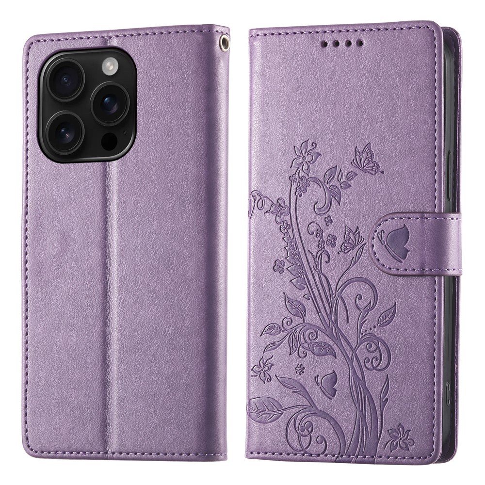For iPhone 16 Pro Wallet Case Butterfly Floral Imprint PU Leather Phone Cover with Wrist Strap - Purple