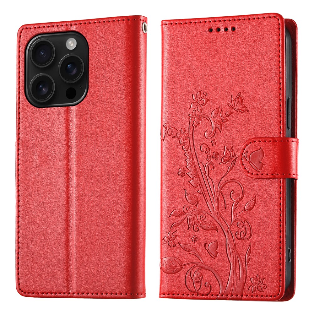 For iPhone 16 Pro Wallet Case Butterfly Floral Imprint PU Leather Phone Cover with Wrist Strap - Red