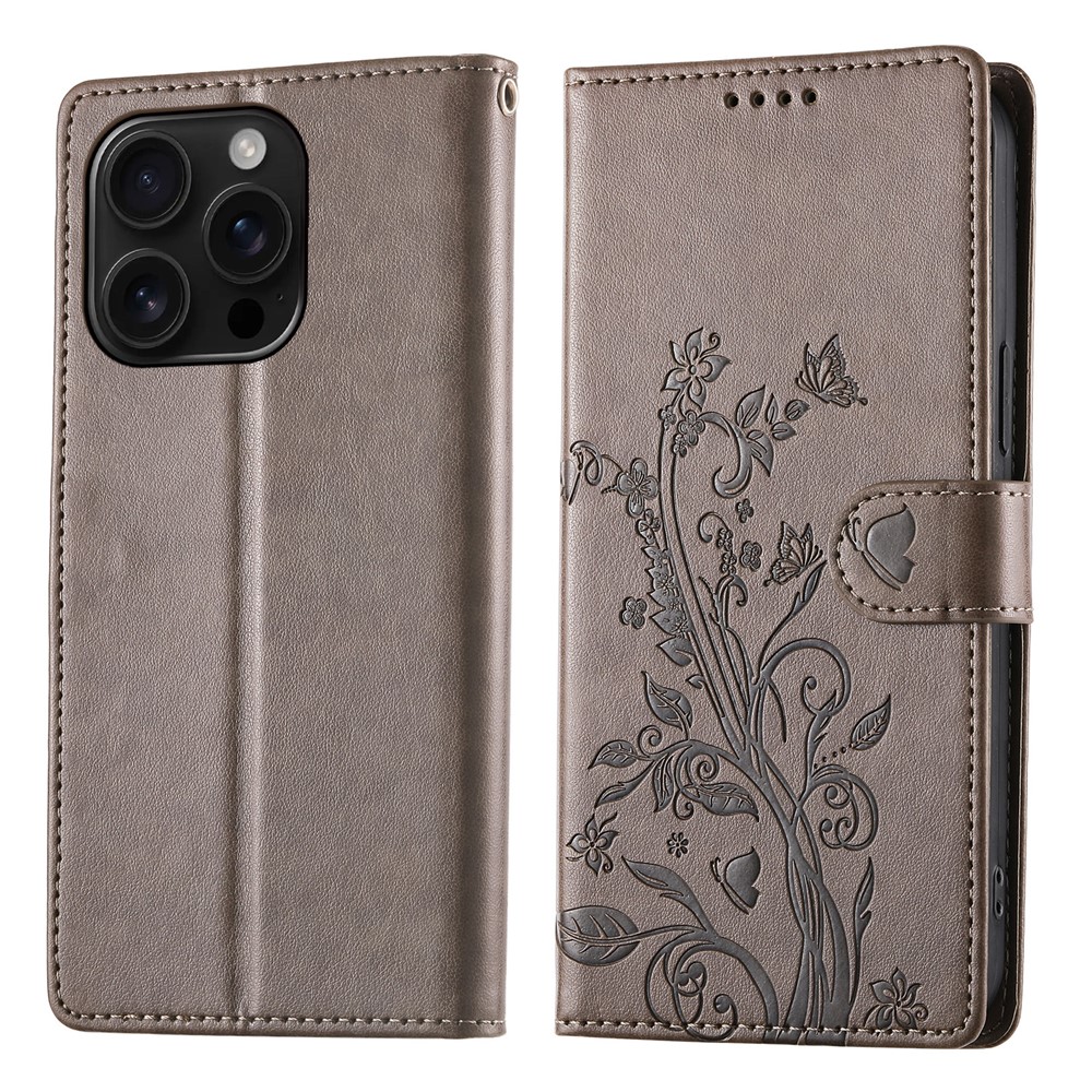 For iPhone 16 Pro Wallet Case Butterfly Floral Imprint PU Leather Phone Cover with Wrist Strap - Grey