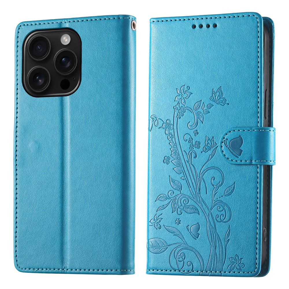 For iPhone 16 Pro Wallet Case Butterfly Floral Imprint PU Leather Phone Cover with Wrist Strap - Blue