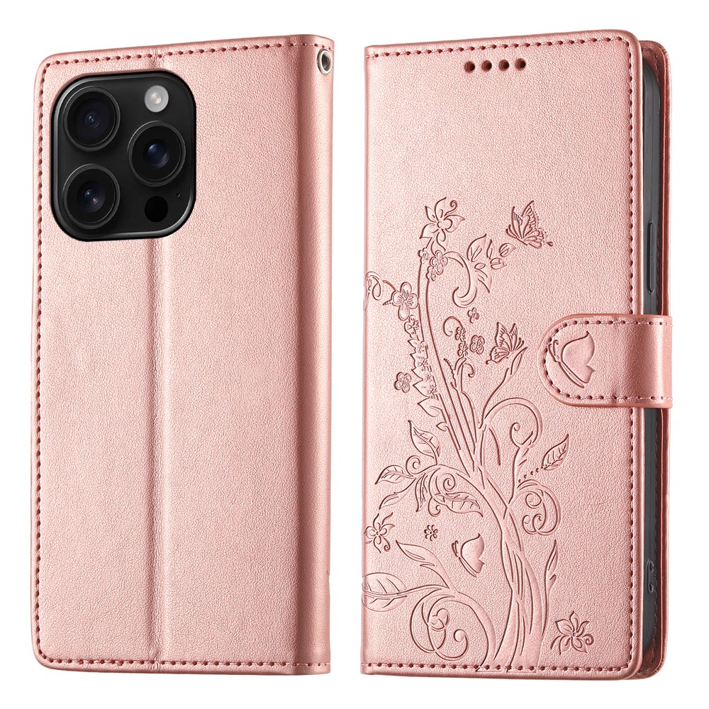 For iPhone 16 Pro Max Wallet Case Butterfly Floral Imprint PU Leather Phone Cover with Wrist Strap - Rose Gold
