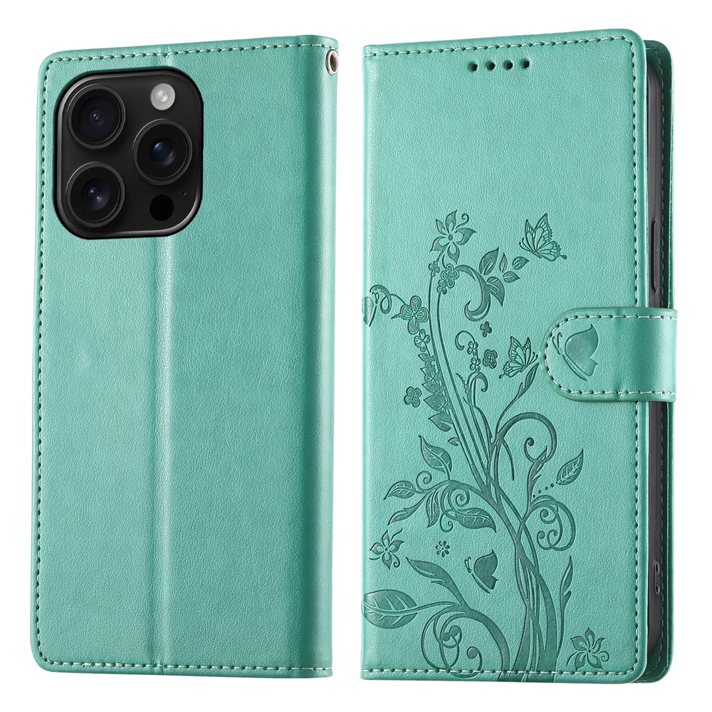 For iPhone 16 Pro Max Wallet Case Butterfly Floral Imprint PU Leather Phone Cover with Wrist Strap - Green