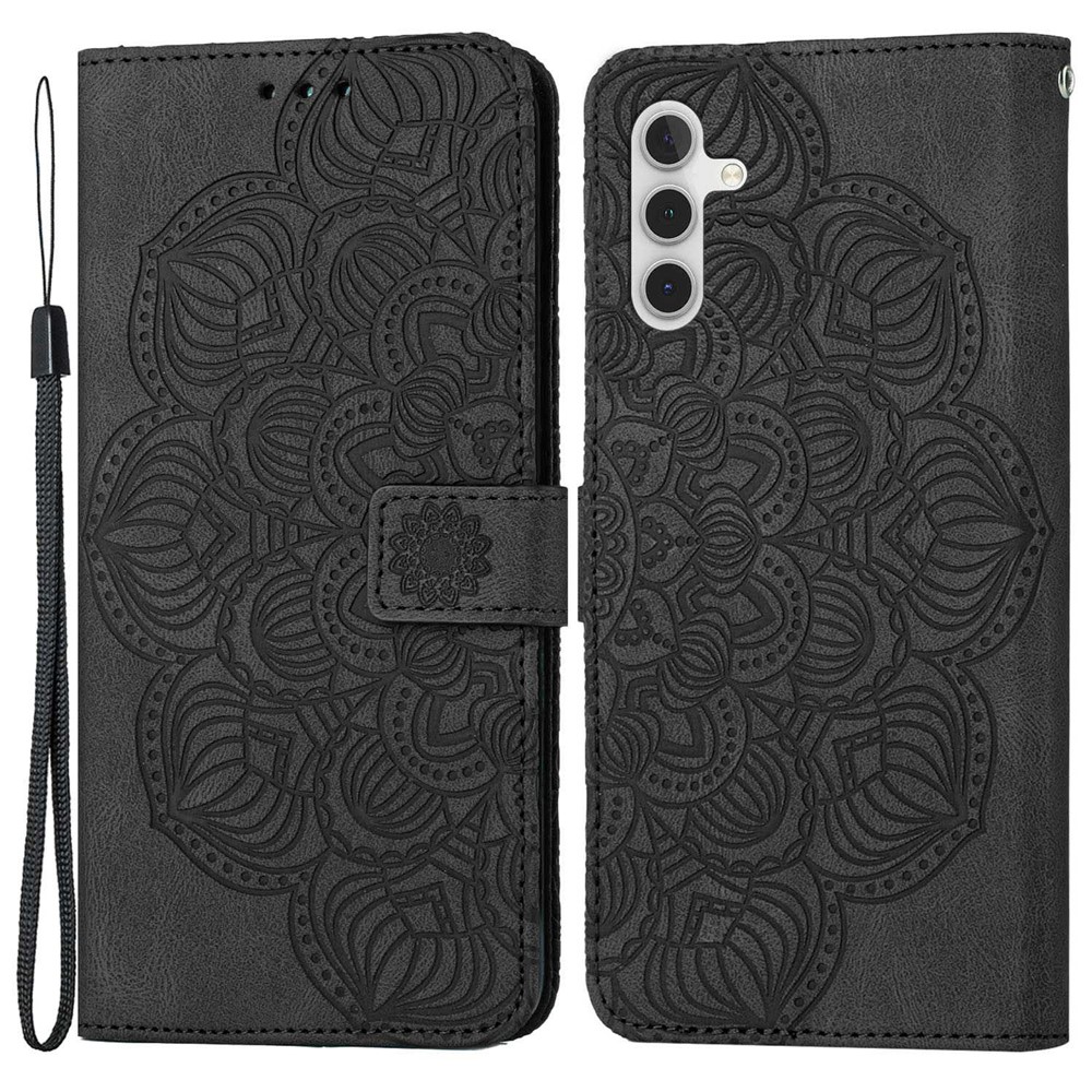 For Samsung Galaxy A14 5G Wallet Case Imprinted Mandala Flower PU Leather Soft TPU Folio Flip Cover with Strap - Black-1