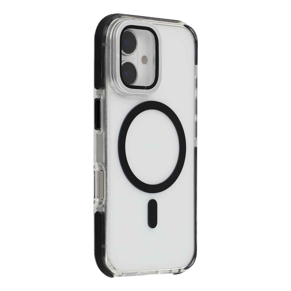 For iPhone 16 Plus Magnetic Case TPU Acrylic Clear Phone Back Cover with Lens Protector Kickstand - Black