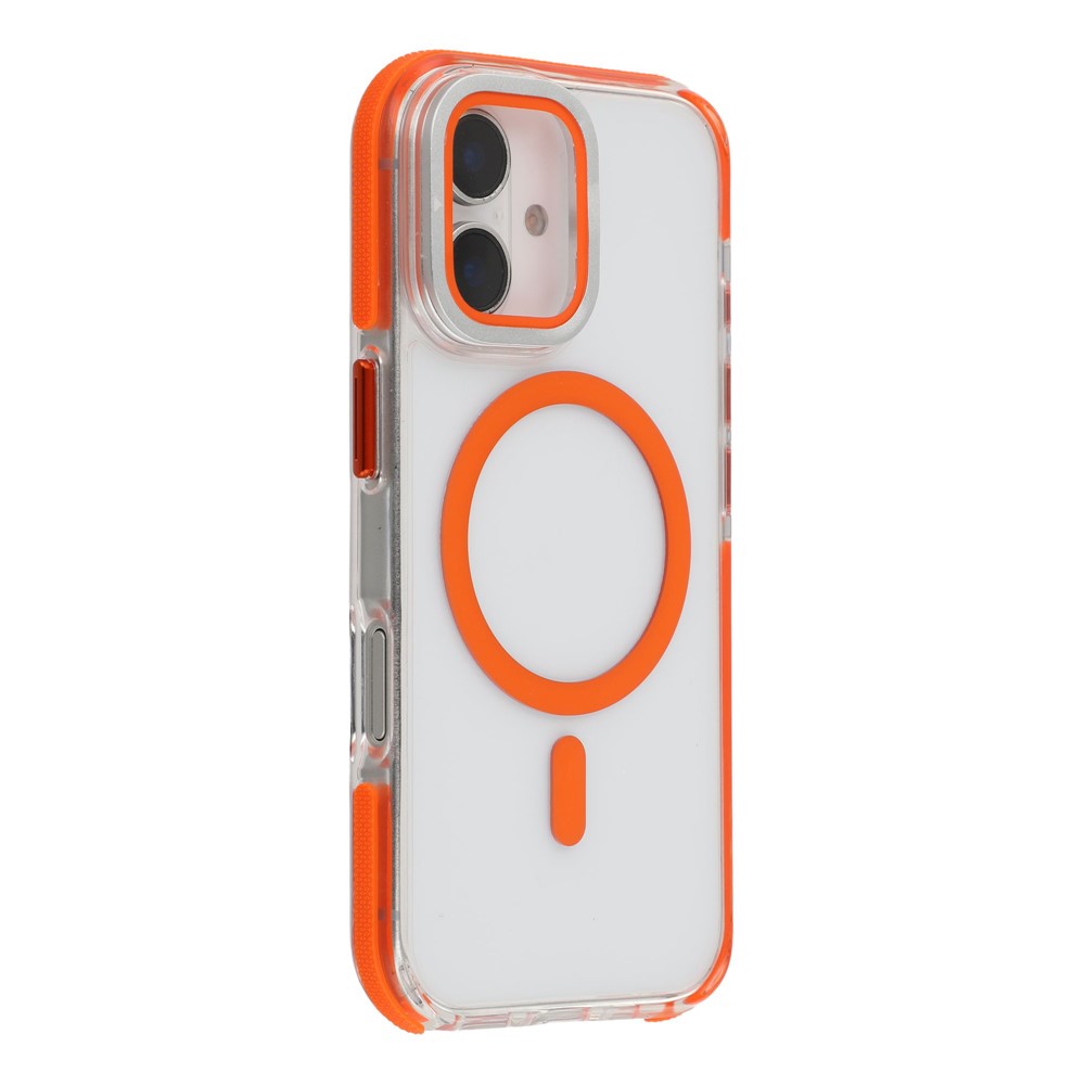 For iPhone 16 Plus Magnetic Case TPU Acrylic Clear Phone Back Cover with Lens Protector Kickstand - Orange