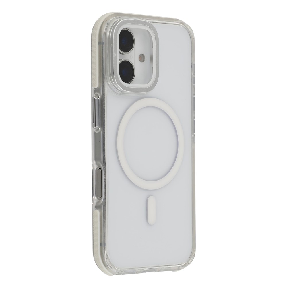 For iPhone 16 Plus Magnetic Case TPU Acrylic Clear Phone Back Cover with Lens Protector Kickstand - White