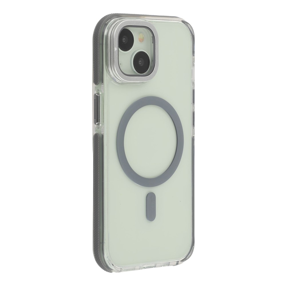 For iPhone 15 Magnetic Case TPU Acrylic Clear Phone Back Cover with Lens Protector Kickstand - Grey