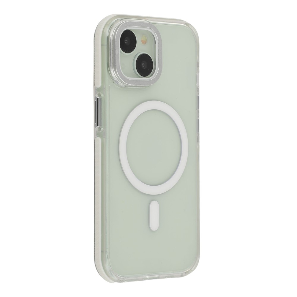 For iPhone 15 Magnetic Case TPU Acrylic Clear Phone Back Cover with Lens Protector Kickstand - White