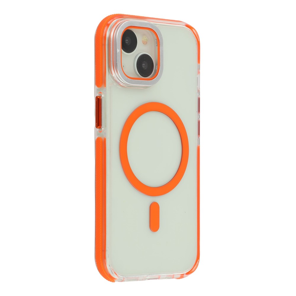 For iPhone 15 Magnetic Case TPU Acrylic Clear Phone Back Cover with Lens Protector Kickstand - Orange