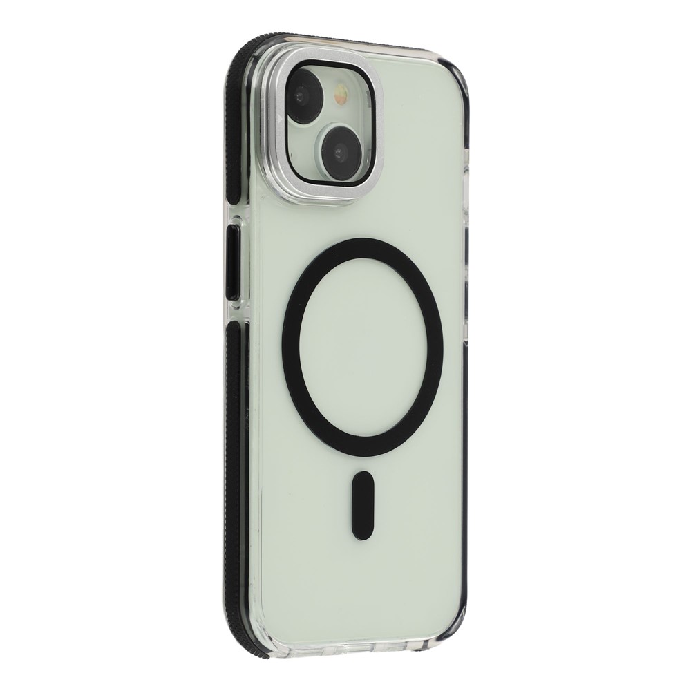For iPhone 15 Magnetic Case TPU Acrylic Clear Phone Back Cover with Lens Protector Kickstand - Black