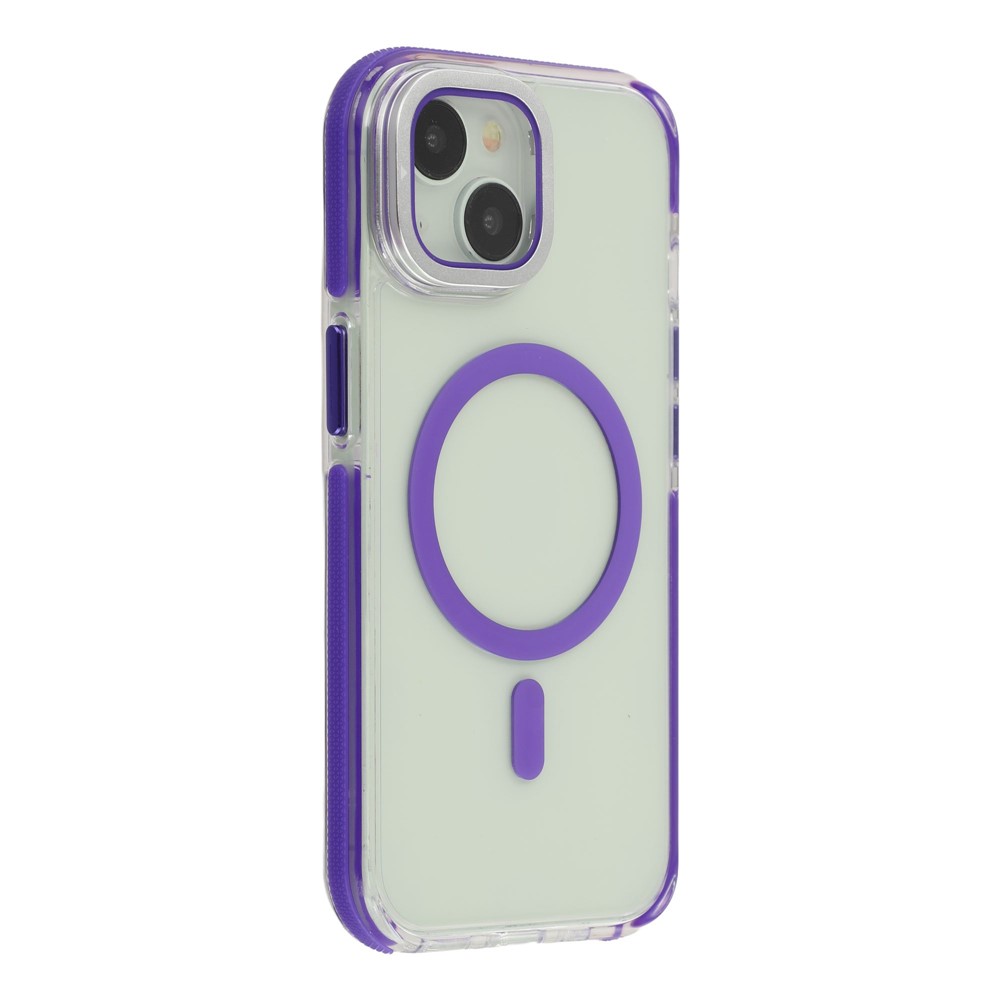 For iPhone 15 Plus Magnetic Case TPU Acrylic Clear Phone Back Cover with Lens Protector Kickstand - Purple