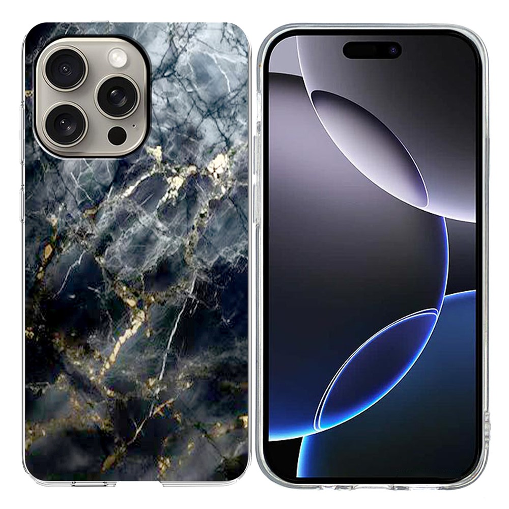 For iPhone 16 Pro Case Marble Pattern Printing Soft TPU Phone Cover - Black