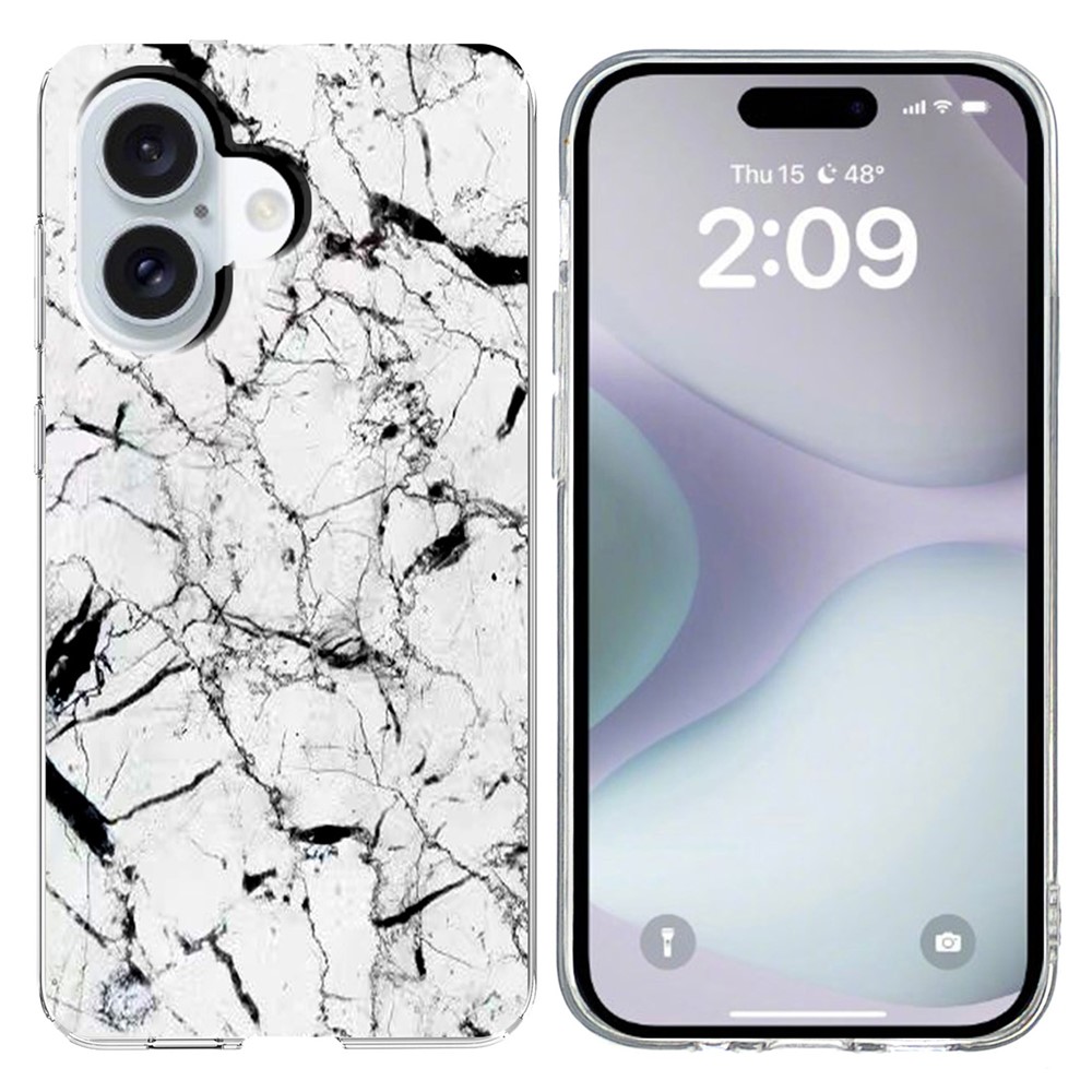 For iPhone 16 Plus Case Marble Pattern Printing Soft TPU Phone Cover - White