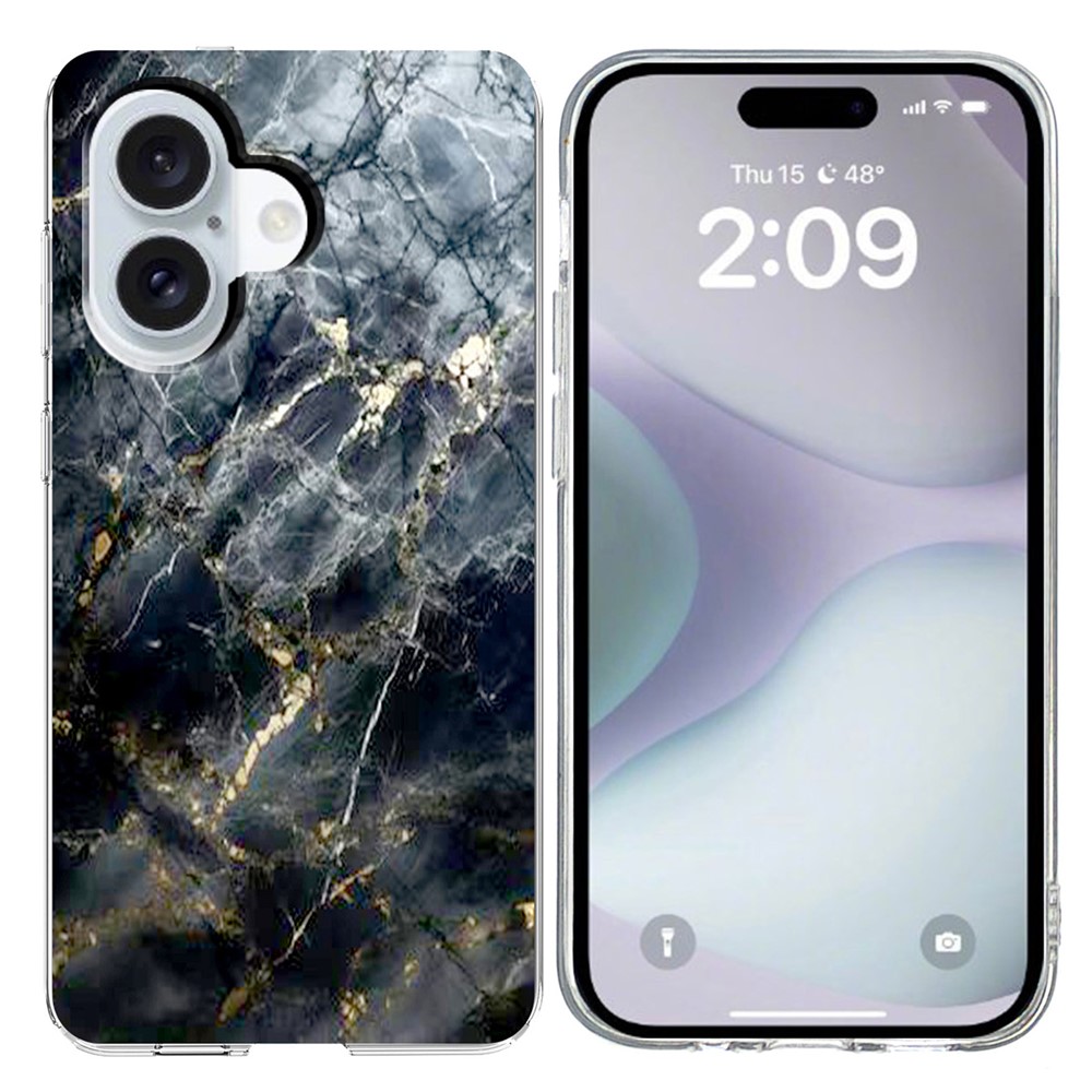 For iPhone 16 Plus Case Marble Pattern Printing Soft TPU Phone Cover - Black