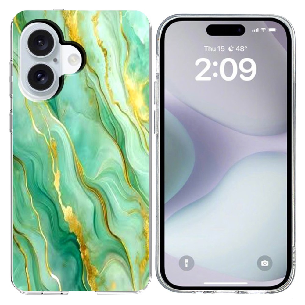 For iPhone 16 Plus Case Marble Pattern Printing Soft TPU Phone Cover - Green