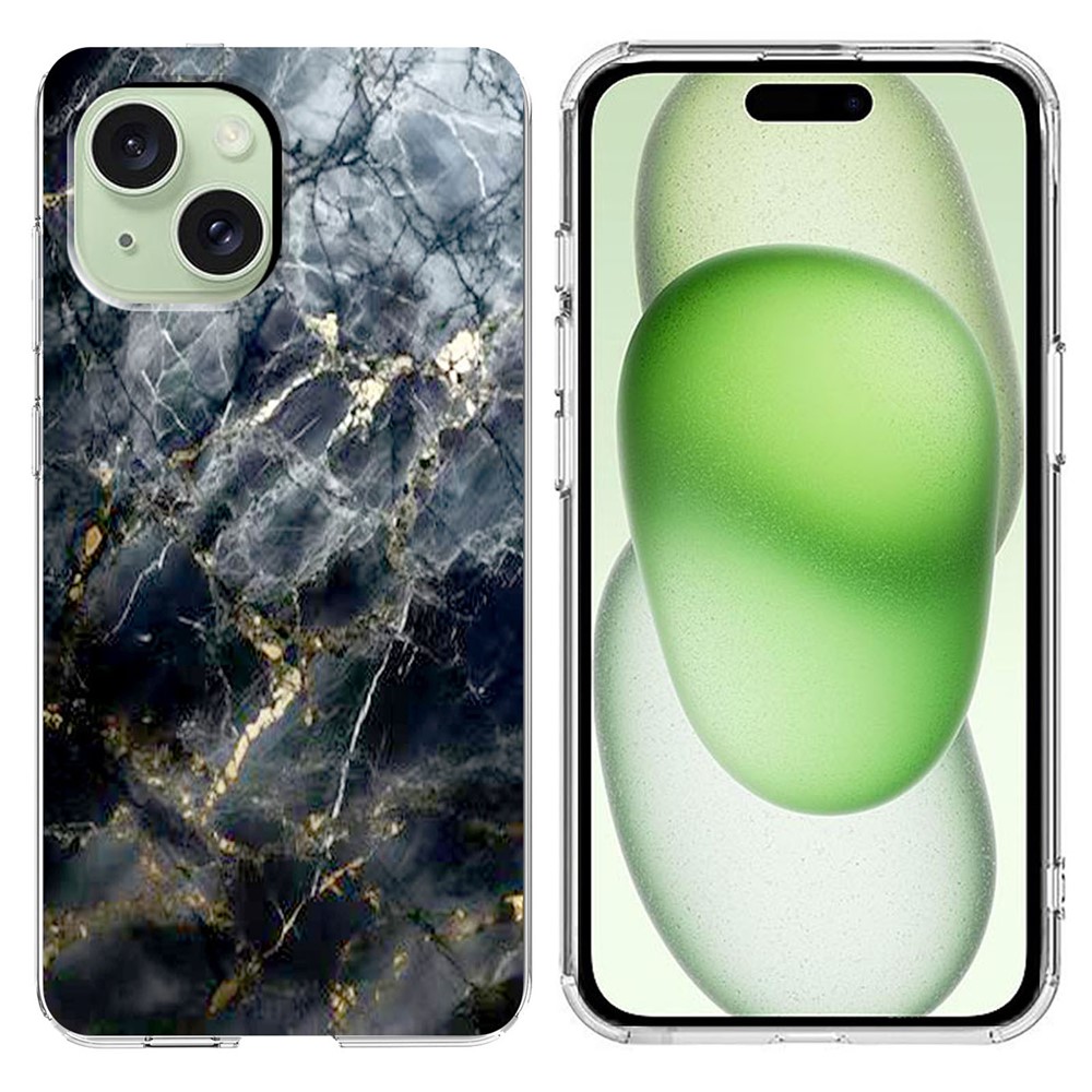For iPhone 15 Case Marble Pattern Printing Soft TPU Phone Cover - Black
