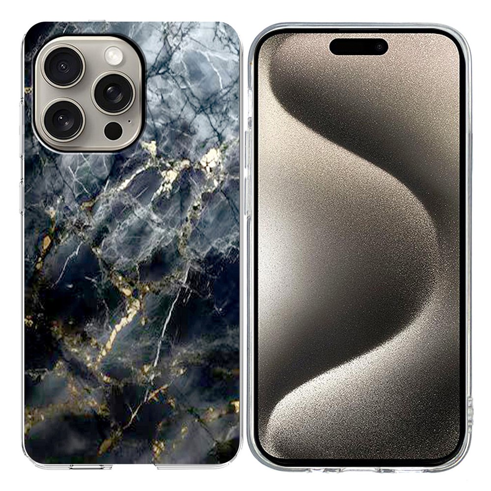 For iPhone 15 Pro Case Marble Pattern Printing Soft TPU Phone Cover - Black