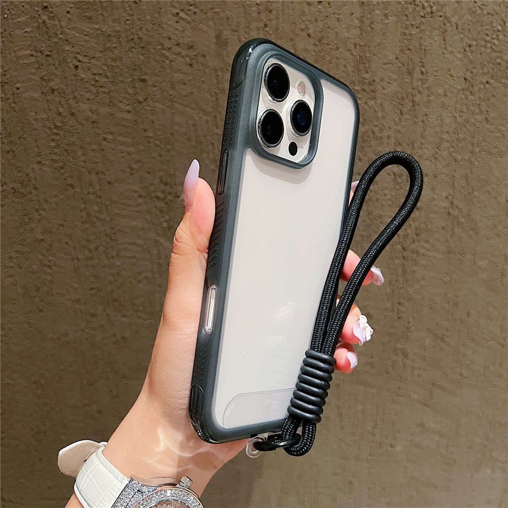 For iPhone 16 Pro Case Shockproof TPU + PC Phone Back Cover with Wrist Strap - Black