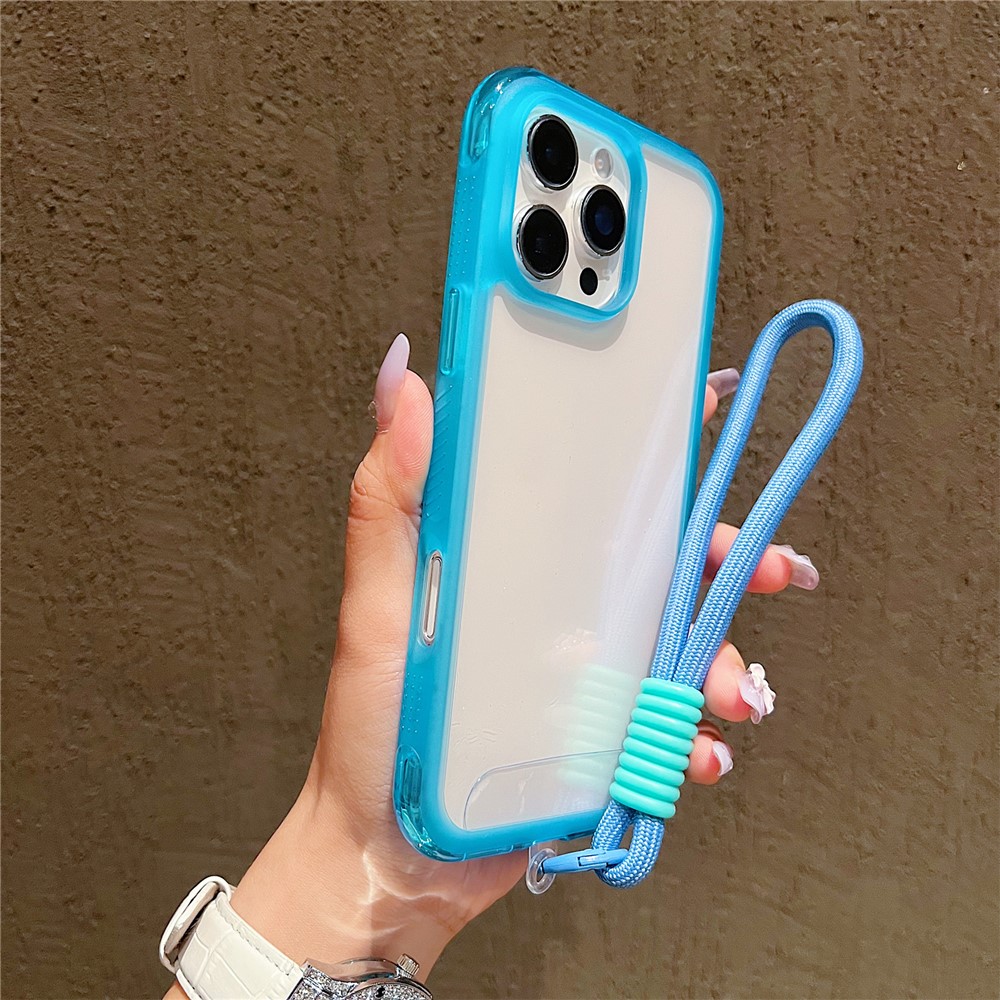 For iPhone 16 Pro Max Case Shockproof TPU + PC Phone Back Cover with Wrist Strap - Blue