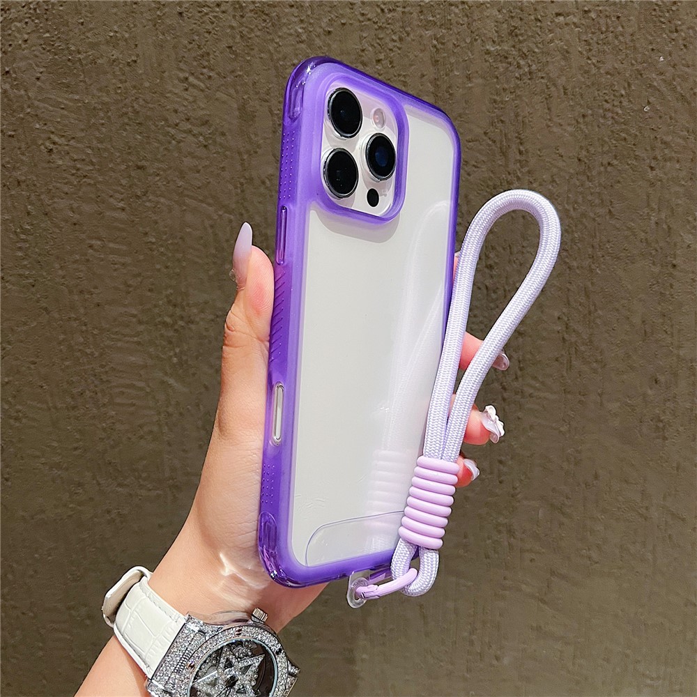 For iPhone 16 Pro Max Case Shockproof TPU + PC Phone Back Cover with Wrist Strap - Purple