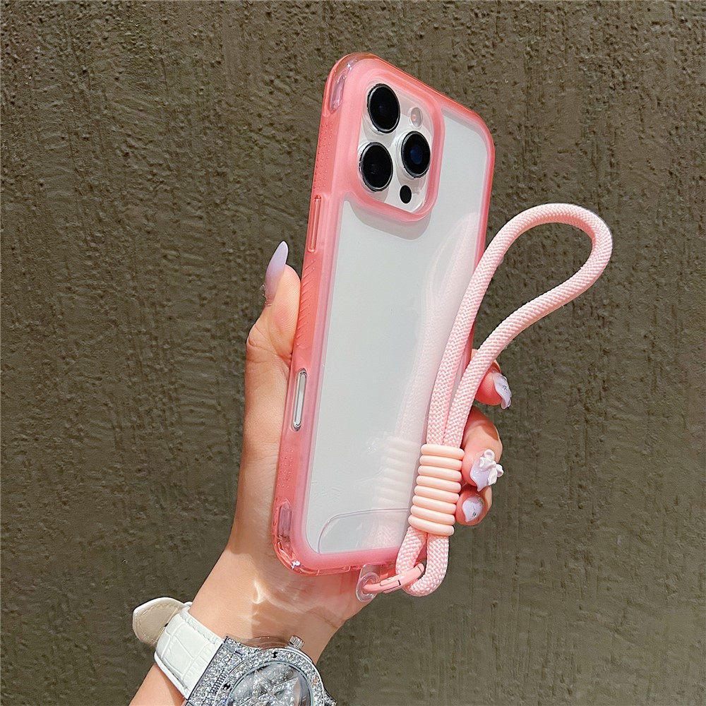 For iPhone 16 Pro Max Case Shockproof TPU + PC Phone Back Cover with Wrist Strap - Pink