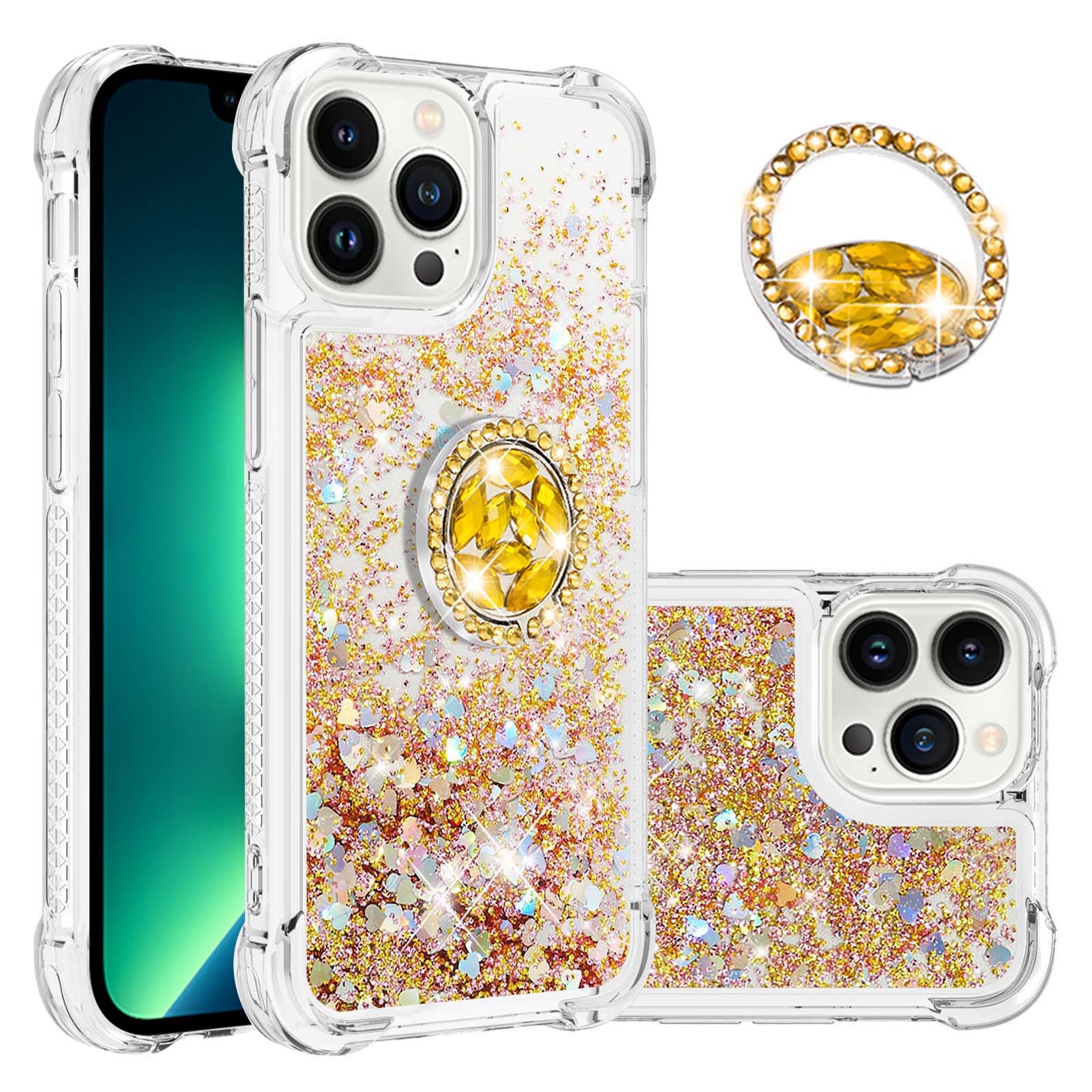 For iPhone 14 Pro TPU Case with Kickstand Quicksand Shockproof Cover - Gold / Hearts