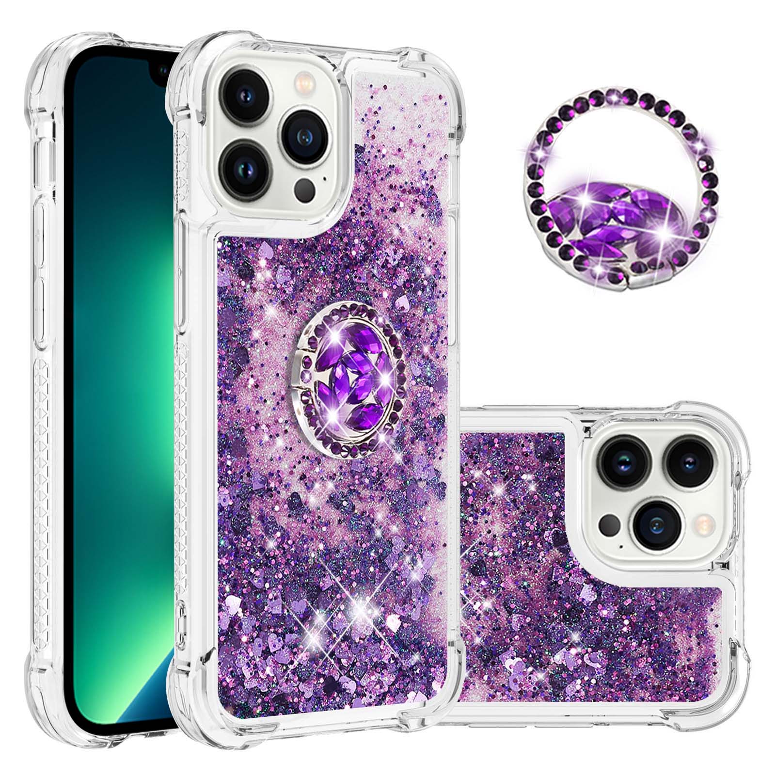 For iPhone 14 Pro TPU Case with Kickstand Quicksand Shockproof Cover - Dark Purple / Heart
