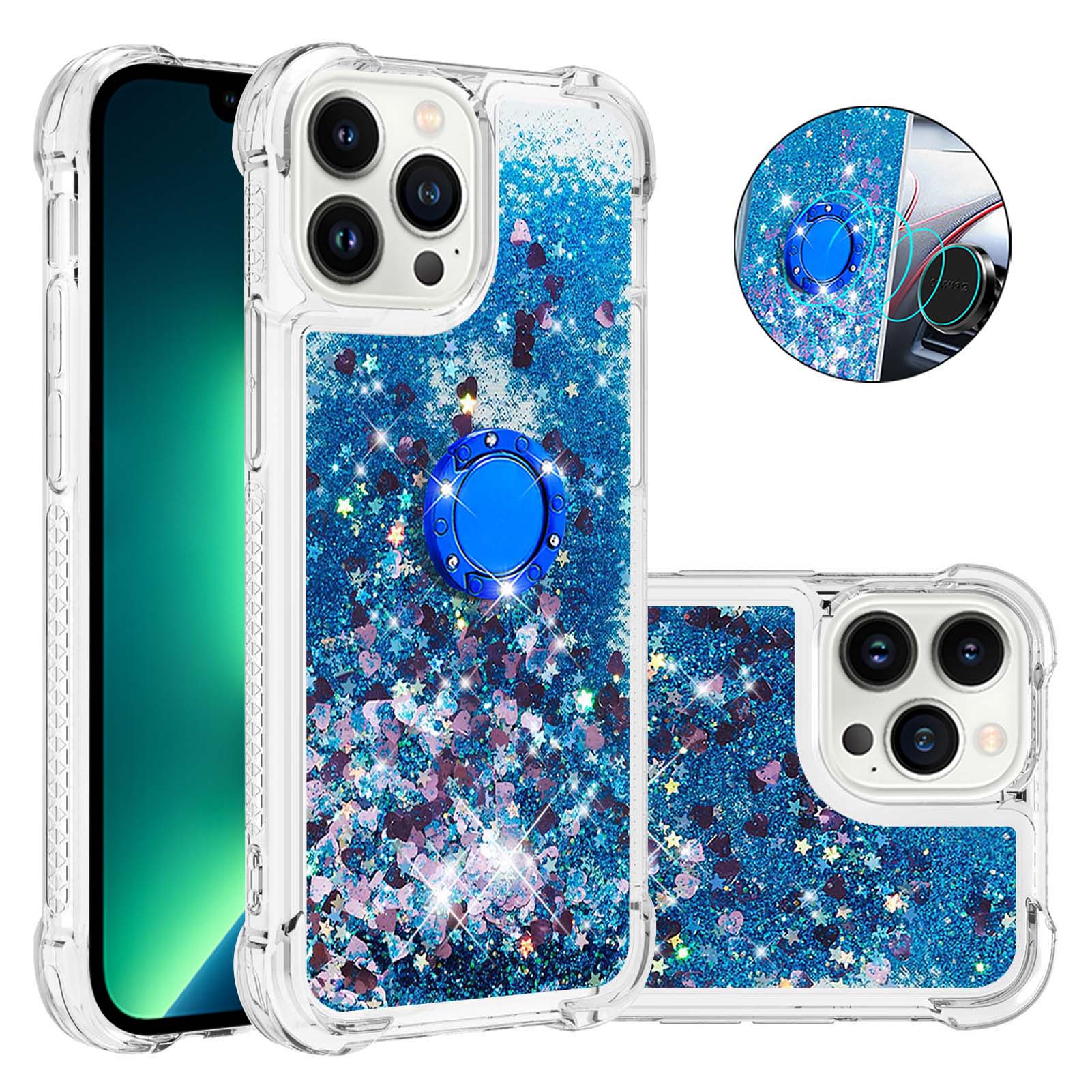 For iPhone 14 Pro TPU Case with Kickstand Quicksand Shockproof Cover - Blue / Hearts