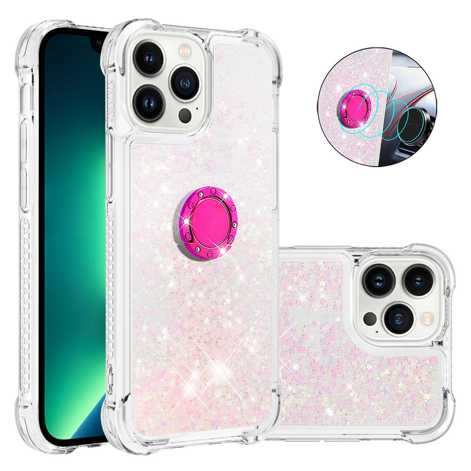 For iPhone 14 Pro TPU Case with Kickstand Quicksand Shockproof Cover - Pink / Pentagram