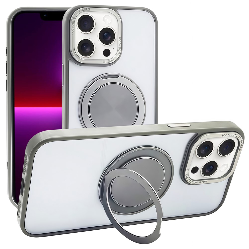 For iPhone 13 Pro Max Magnetic Case Acrylic TPU Phone Back Cover with Kickstand - Grey