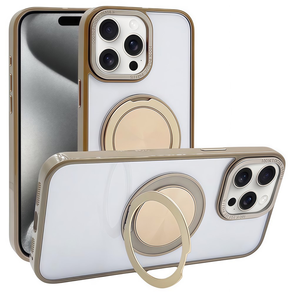 For iPhone 15 Pro Magnetic Case Acrylic TPU Phone Back Cover with Kickstand - Desert Gold