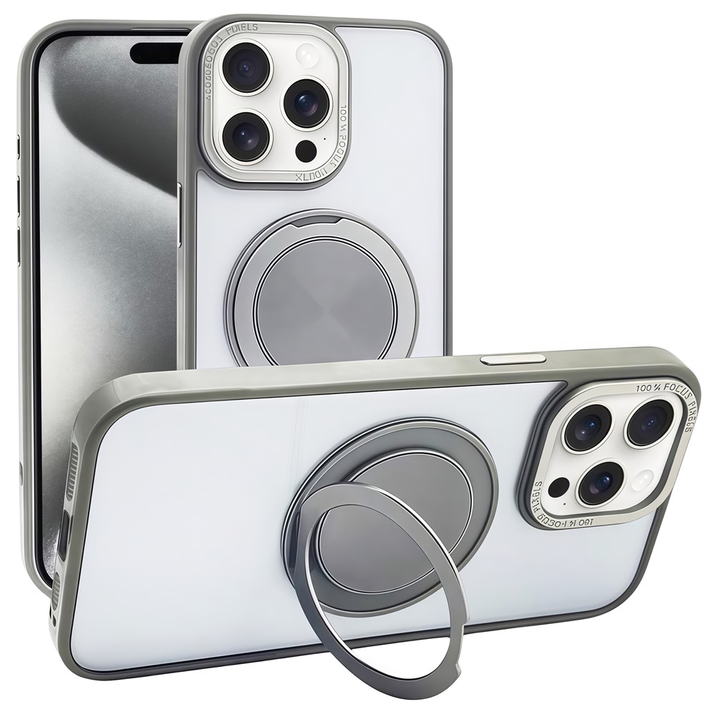 For iPhone 15 Pro Magnetic Case Acrylic TPU Phone Back Cover with Kickstand - Grey