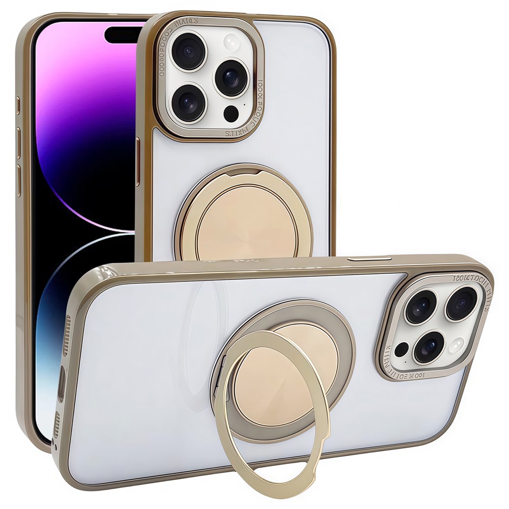 For iPhone 14 Pro Magnetic Case Acrylic TPU Phone Back Cover with Kickstand - Desert Gold