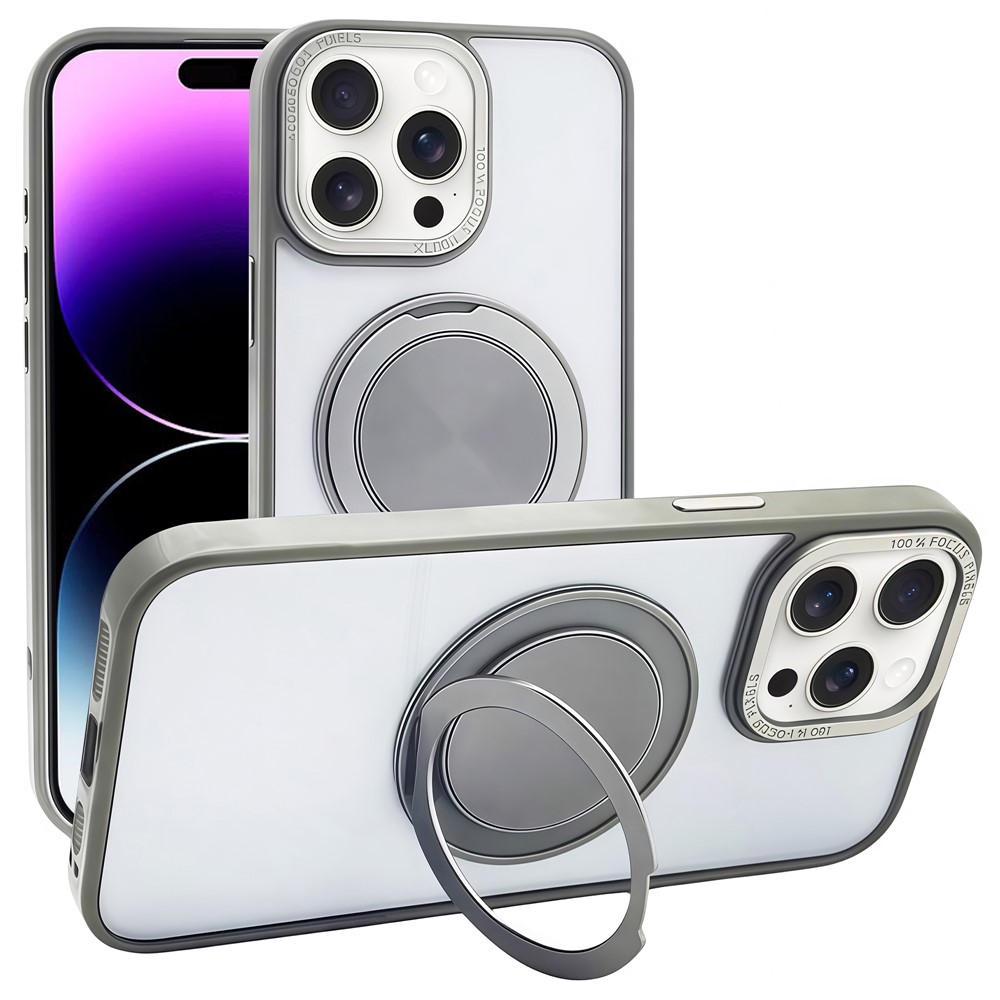 For iPhone 14 Pro Magnetic Case Acrylic TPU Phone Back Cover with Kickstand - Grey