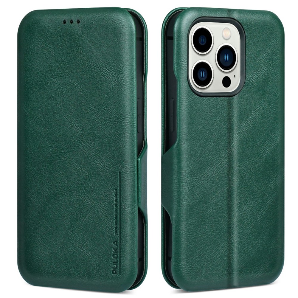Bulk Purchasing PULOKA Calf Skin Series For iPhone 15 Pro Max Case RFID Blocking Stand Leather Phone Cover - Green