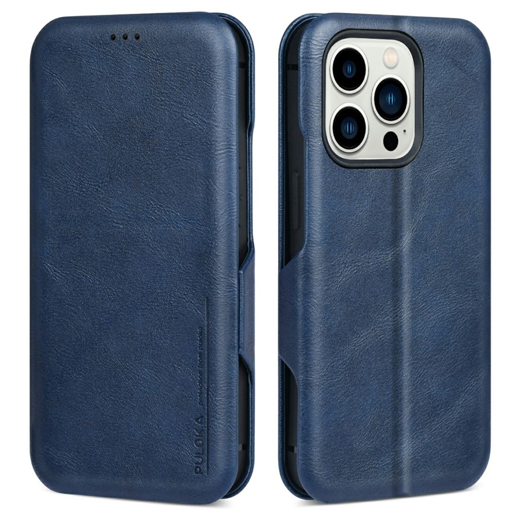 Bulk Purchasing PULOKA Calf Skin Series For iPhone 15 Pro Max Case RFID Blocking Stand Leather Phone Cover - Blue