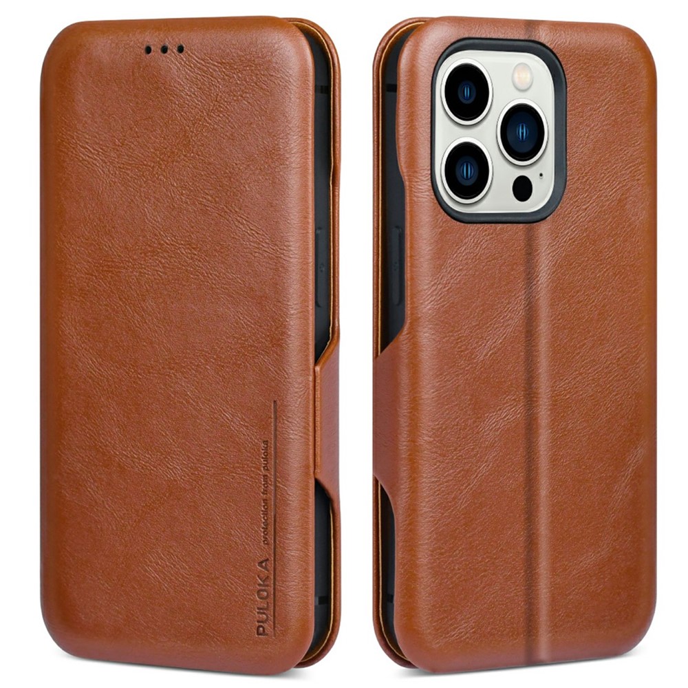 Bulk Purchasing PULOKA Calf Skin Series For iPhone 14 Pro Max Case RFID Blocking Stand Leather Phone Cover - Brown