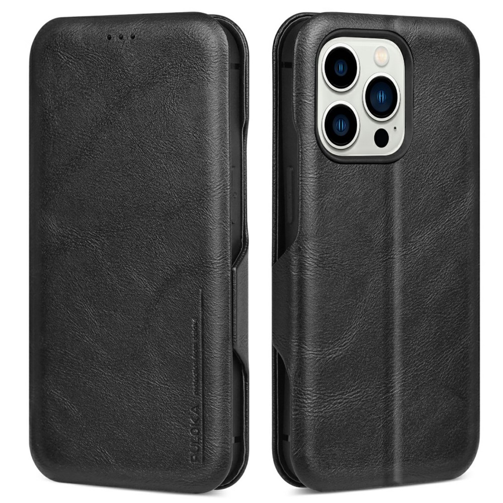 Bulk Purchasing PULOKA Calf Skin Series For iPhone 14 Pro Case RFID Blocking Stand Leather Phone Cover - Black