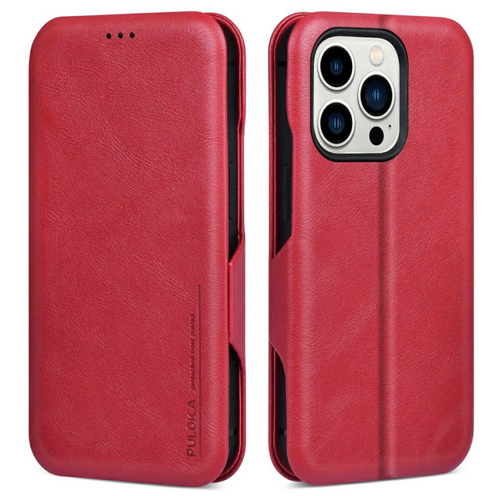 Bulk Purchasing PULOKA Calf Skin Series For iPhone 13 Pro Max Case RFID Blocking Stand Leather Phone Cover - Red